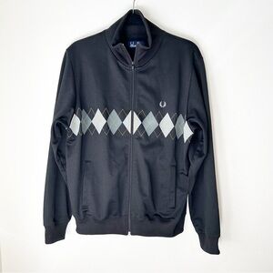 Fred Perry Black Argyle Front Zip Up Track Jacket Pockets - Size Medium